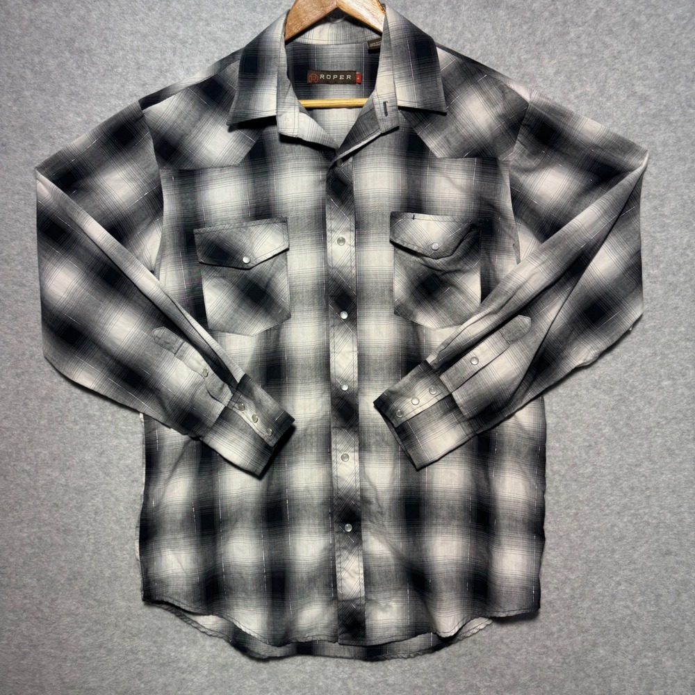 Roper Mens Western Pearl Snap Shirt Large Black Grey Ombre Plaid Metallic‎
